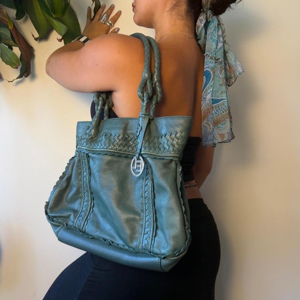 Elliott Lucca Teal Leather Braided Hobo Bag Scalloped Boho Tote